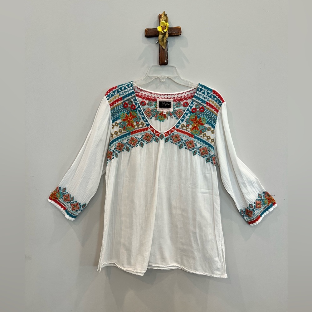 Johnny Was Embroidered White Baya Boho Top